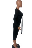 Vestidos de falda lápiz con cuello en V asimétrico con pliegues de patchwork sólido sexy negro