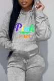 Pink Casual Sportswear Print Patchwork Hooded Collar Tops