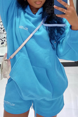 Blue Casual Print Patchwork Hooded Collar Long Sleeve Two Pieces
