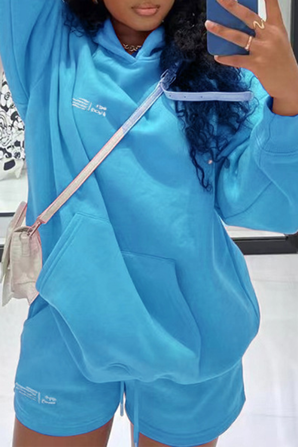 azul casual estampado patchwork cuello con capucha manga larga dos piezas