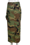 Army Green Casual Camouflage Print Patchwork Straight Mid Waist Type A Full Print Bottoms