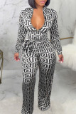 Witte Sexy Print Bandage Patchwork Rits Kraag Plus Size Jumpsuits
