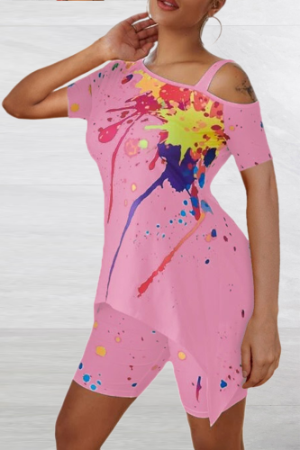 Pink Casual Patchwork Tie-dye Spaghetti Strap Short Sleeve Two Pieces