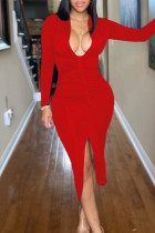 Красные сексуальные однотонные лоскутные асимметричные платья-юбки-карандаш с V-образным вырезом