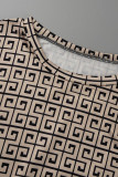 Brown Fashion Casual Print Bandage Patchwork Asymmetrical O Neck Plus Size Two Pieces