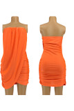 Tangerine Red Sexy Solid Patchwork Asymmetrical Strapless One Step Skirt Dresses