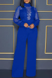 Blue Fashion Sexy Patchwork Sequins See-through Turtleneck Regular Jumpsuits