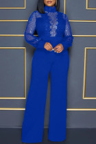 ブルー ファッション セクシー パッチワーク スパンコール シースルー タートルネック レギュラー ジャンプスーツ