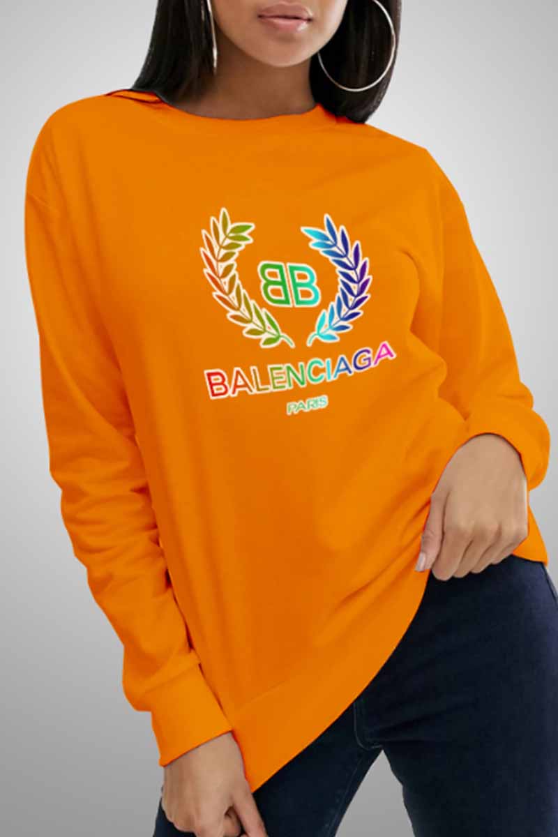 

Orange Casual Print Letter O Neck Tops
