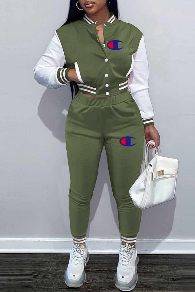 

Army Green Casual Print Patchwork Mandarin Collar Long Sleeve Two Pieces