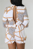 Mameluco de manga larga regular con cuello en O de patchwork con estampado casual blanco