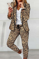 Leopard Print Casual Leopard Print Patchwork Turndown Collar Long Sleeve Two Pieces Blazer Tops And Pants Sets