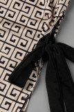 Black White Fashion Casual Print Bandage Patchwork Asymmetrical O Neck Plus Size Two Pieces