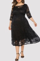 Zwart sexy casual effen patchwork doorschijnende O-hals A-lijn plus size jurken