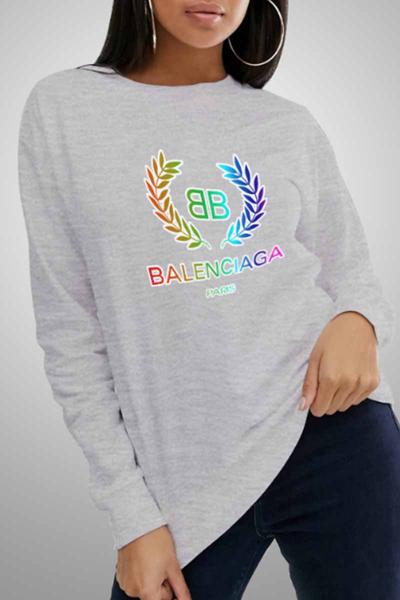 

Grey Casual Print Letter O Neck Tops
