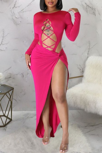Rose Red Sexy Solid Hollowed Out Patchwork Slit Asymmetrical O Neck Long Sleeve Two Pieces