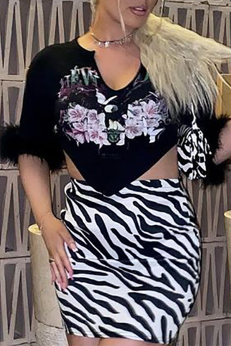 Black Sexy Print Tassel U Neck T-Shirts