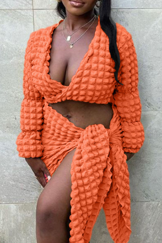 Tangerine Red Street Solid Bandage V Neck Long Sleeve Two Pieces