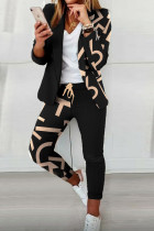Black Apricot Casual Leopard Print Patchwork Turndown Collar Long Sleeve Two Pieces Blazer Tops And Pants Sets
