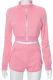 Pink Sexy Solid Zipper Turndown Collar Long Sleeve Two Pieces
