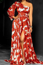 Rode elegante print patchwork schuine kraag jurken
