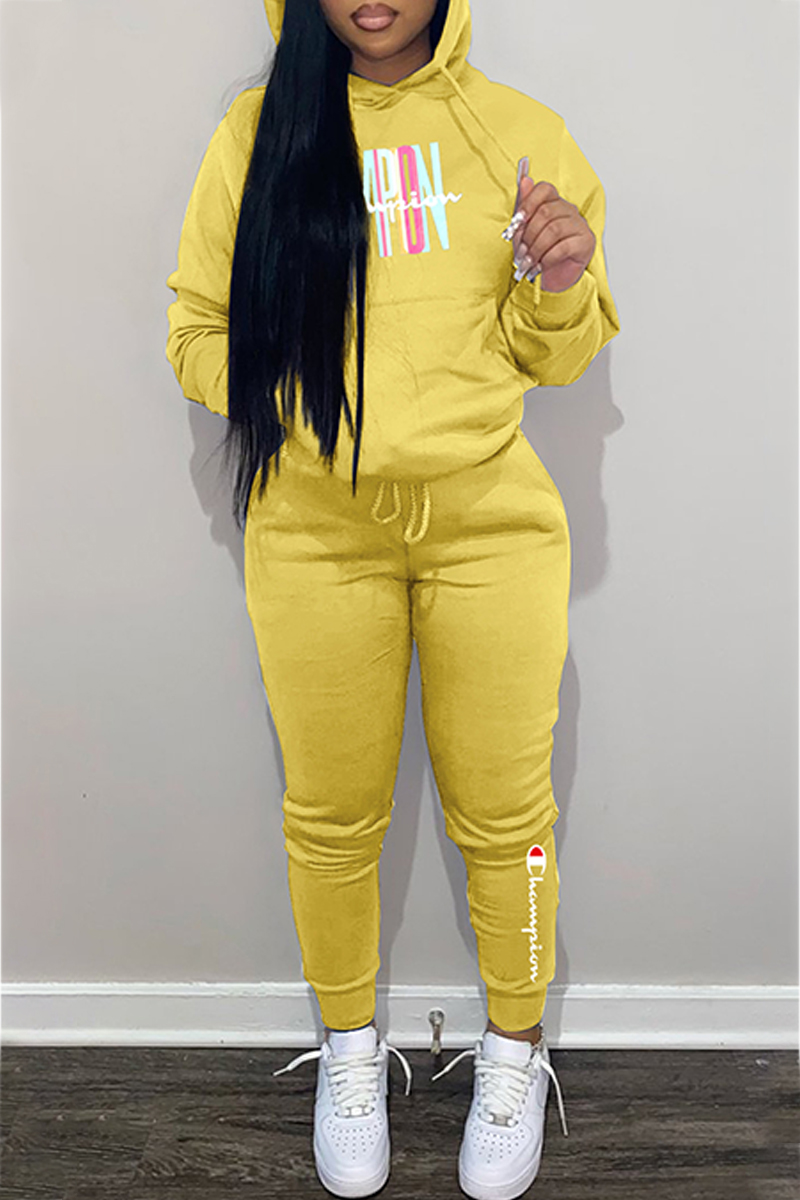 

Yellow Casual Print Letter Hooded Collar Long Sleeve Two Pieces