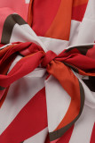 Vestidos de manga comprida com estampa casual vermelho tangerina bandagem patchwork gola virada para baixo