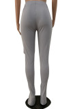 Pantalon taille haute skinny décontracté uni patchwork fendu gris