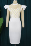 Белые элегантные однотонные платья-юбки в стиле пэчворк с воланами и круглым вырезом