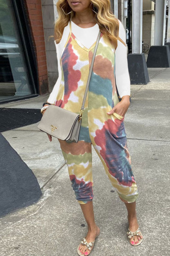 White Casual Print Tie-dye O Neck Long Sleeve Two Pieces