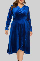 Vestidos azuis casuais de retalhos sólidos decote em v manga longa plus size