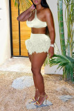White Sexy Solid Patchwork Feathers U Neck Two Pieces
