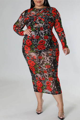 Red Sexy Casual Print See-through O Neck Long Sleeve Plus Size Dresses