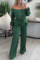 Groene casual effen patchwork zak gevouwen off-shoulder rechte jumpsuits