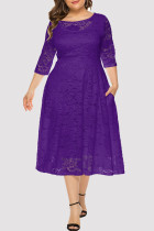 Фиолетовые сексуальные повседневные сплошные лоскутные прозрачные платья с круглым вырезом и трапециевидной формы размера плюс