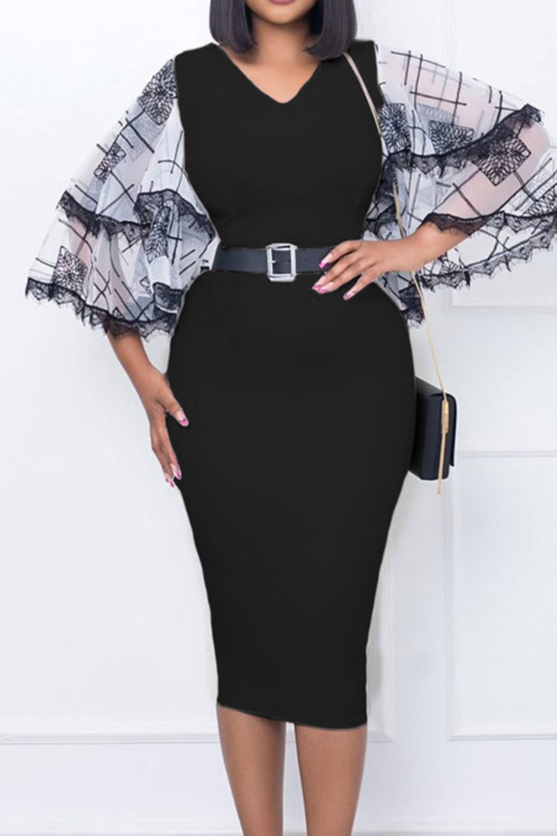 

Black Casual Work Solid Patchwork With Belt O Neck One Step Skirt Dresses
