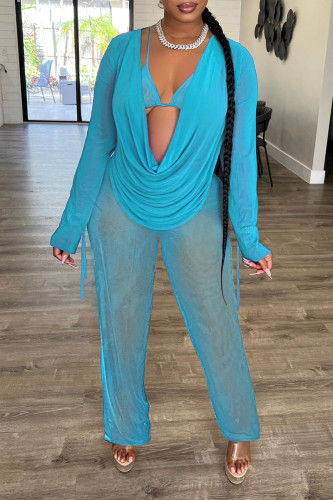 Sky Blue Sexy Solid Patchwork Frenulum See-through Backless Asymmetrical V Neck Long Sleeve Two Pieces