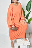 Оранжевые повседневные однотонные лоскутные платья с круглым вырезом и длинными рукавами