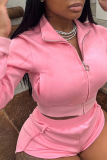 Pink Sexy Solid Zipper Umlegekragen Langarm Zweiteiler
