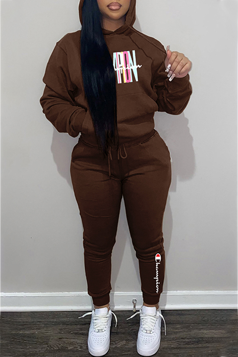 

Brown Casual Print Letter Hooded Collar Long Sleeve Two Pieces