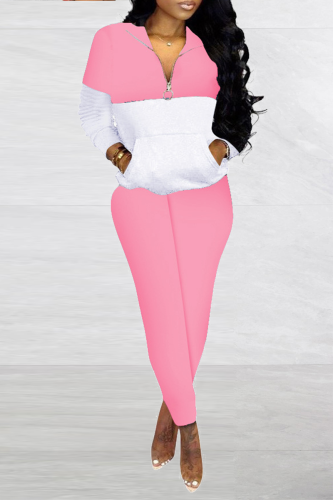 Pink Casual Solid Patchwork Zipper Collar Long Sleeve Two Pieces