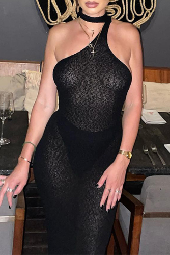 Black Sexy Solid Patchwork Halter Pencil Skirt Dresses