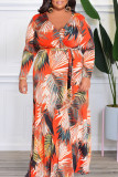 Vestidos de talla grande con cuello en V y patchwork con estampado casual naranja