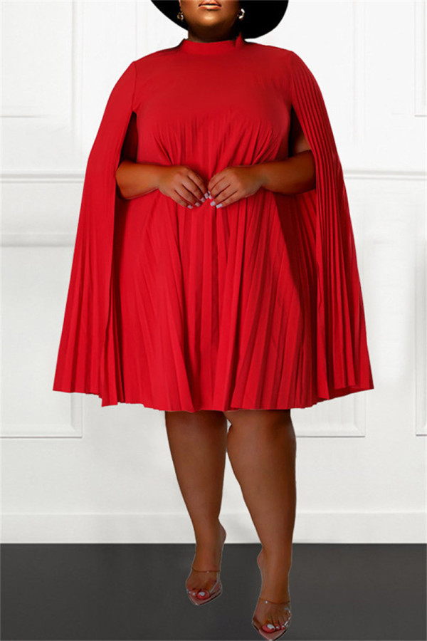 Robes décontractées solides patchwork pli demi col roulé rouge grande taille