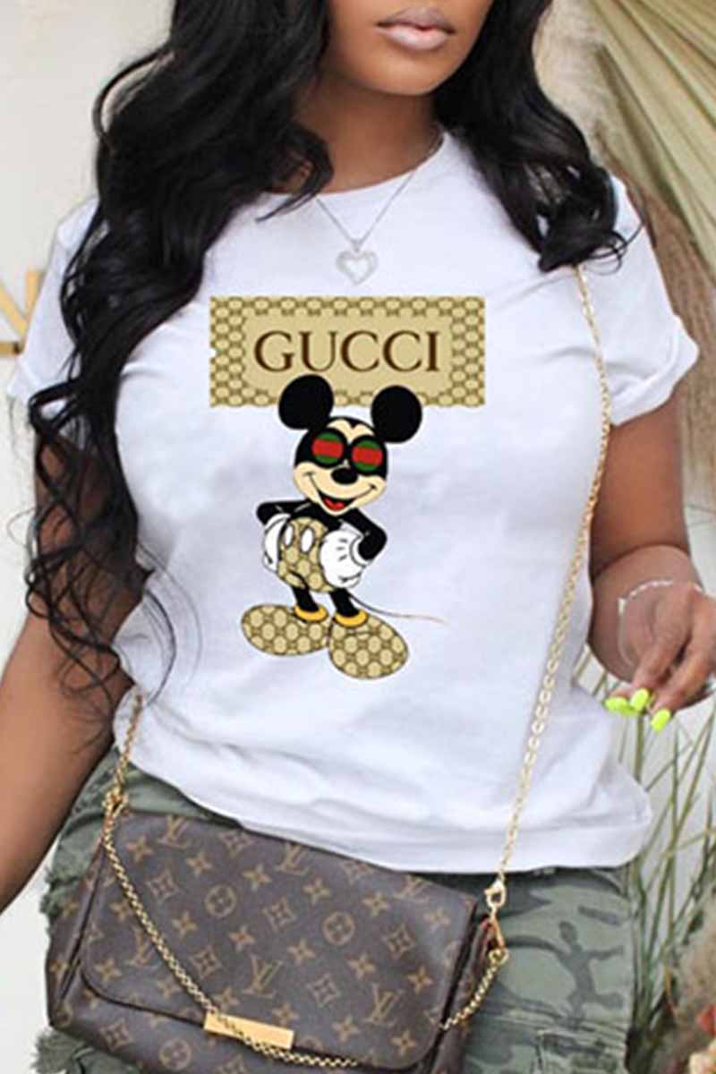 

White Casual Character Print Letter O Neck T-Shirts