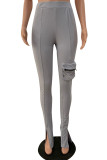 Pantalones casuales grises de cintura alta con abertura de patchwork sólido