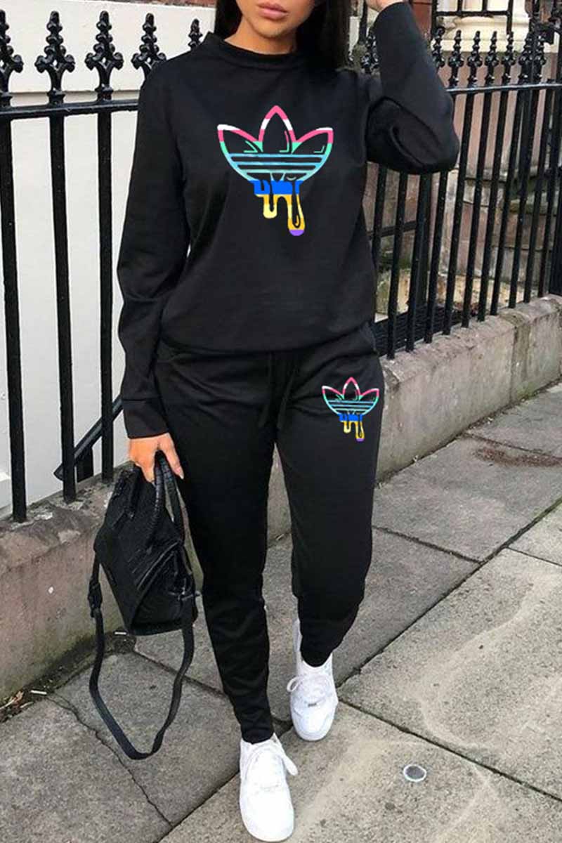 

Black Casual Print Patchwork O Neck Long Sleeve Two Pieces
