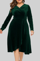 インクグリーン カジュアル ソリッド パッチワーク Vネック 長袖 プラスサイズ ドレス