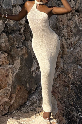White Sexy Solid Patchwork Halter Pencil Skirt Dresses