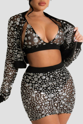 Black Sexy Solid Sequins Patchwork Long Sleeve Two Pieces